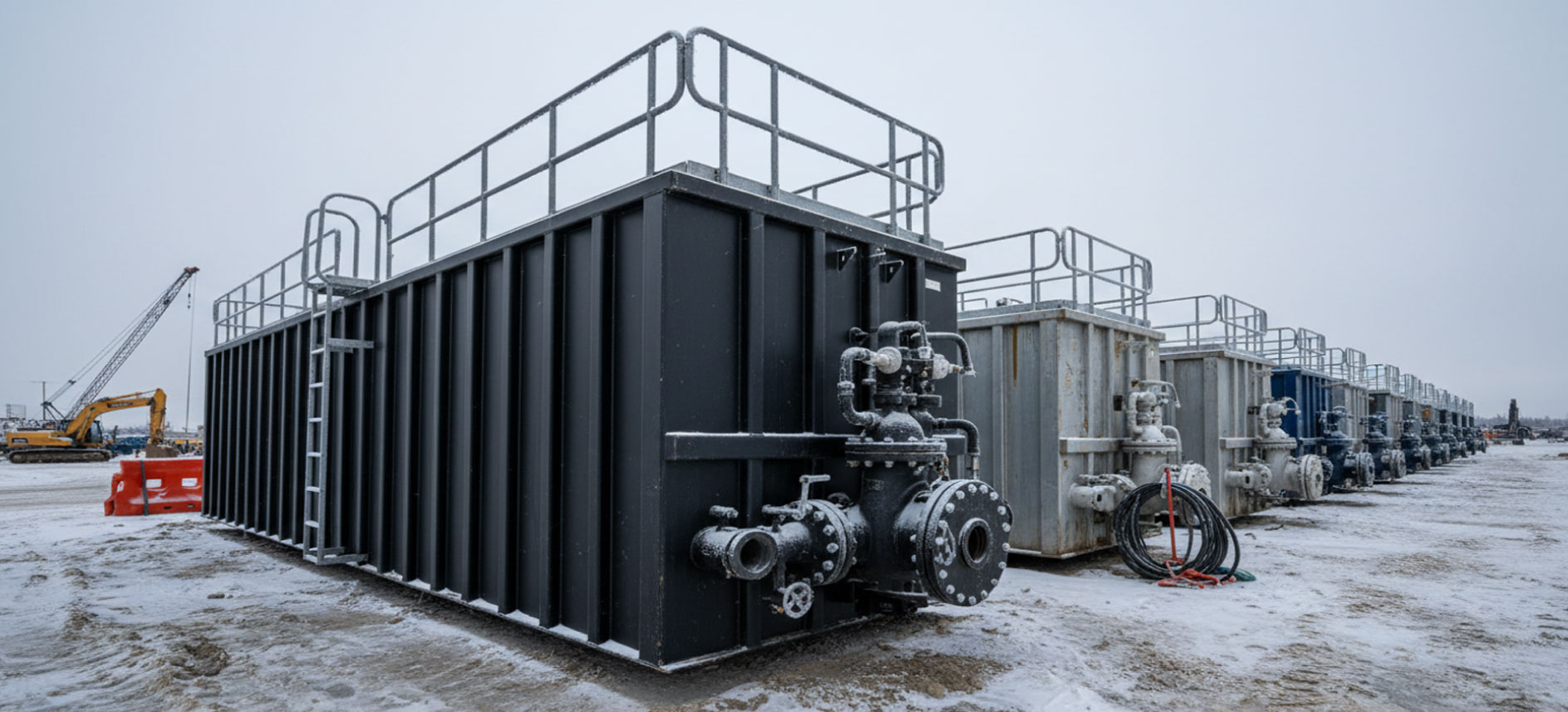 Two large containers on a job site in the winter